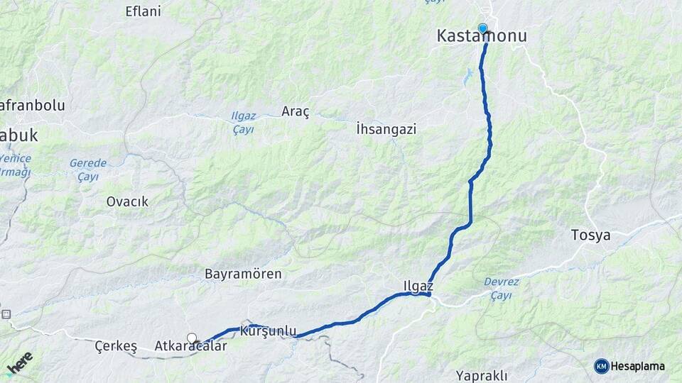 Kastamonu Atkaracalar Çankırı Arası Kaç Km - Yol Haritası