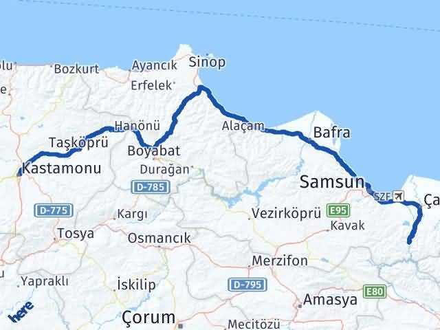 Kastamonu Ayvacık Samsun Arası Kaç Km - Yol Haritası