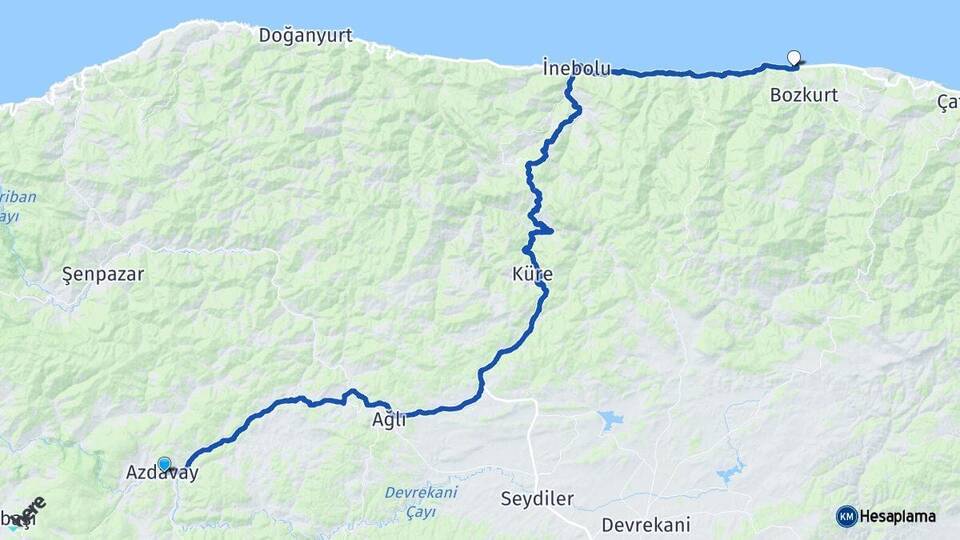 Kastamonu Azdavay Abana Arası Kaç Km - Yol Haritası