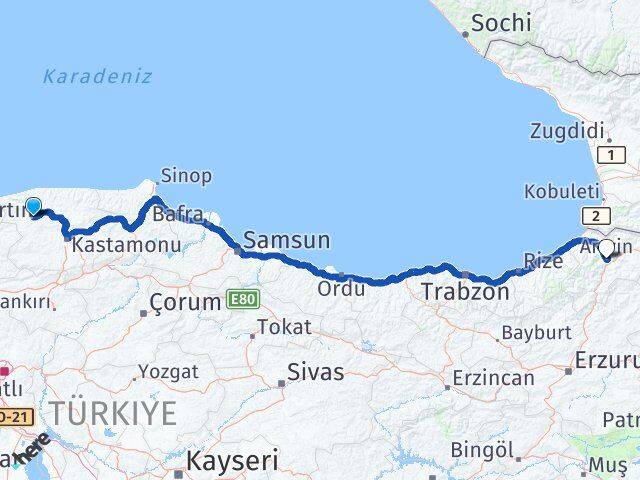 Kastamonu Azdavay Artvin Arası Kaç Km - Yol Haritası
