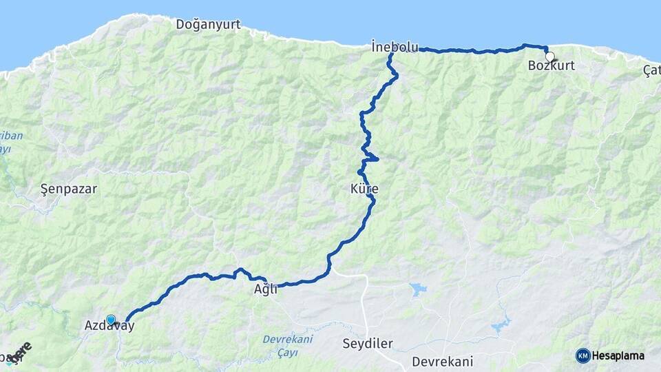 Kastamonu Azdavay Bozkurt Arası Kaç Km - Yol Haritası