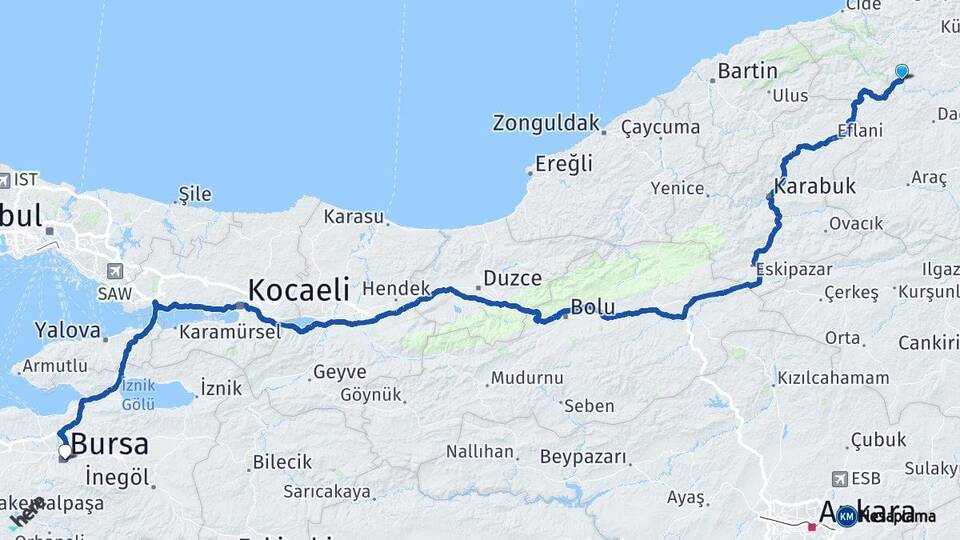 Kastamonu Azdavay Bursa Arası Kaç Km - Yol Haritası