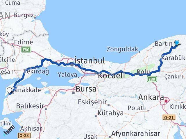 Kastamonu Azdavay Çanakkale Arası Kaç Km - Yol Haritası