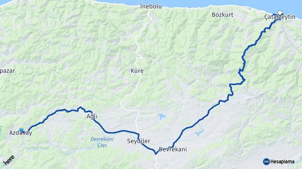 Kastamonu Azdavay Çatalzeytin Arası Kaç Km - Yol Haritası