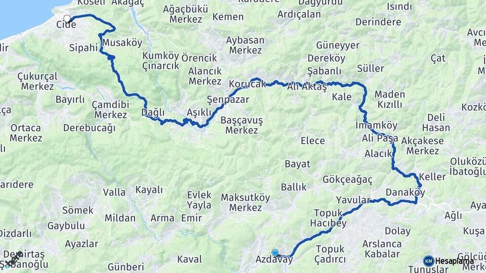 Kastamonu Azdavay Cide Arası Kaç Km - Yol Haritası