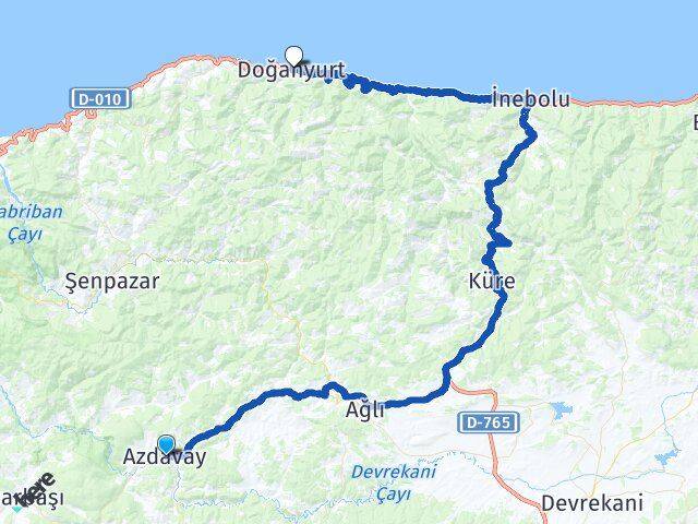 Kastamonu Azdavay Doğanyurt Arası Kaç Km - Yol Haritası