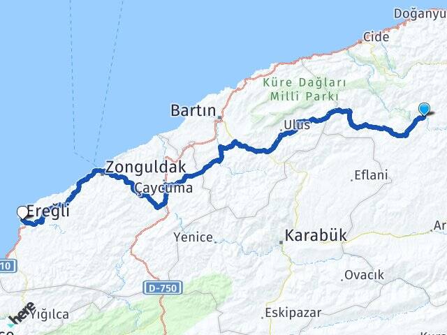 Kastamonu Azdavay Ereğli Zonguldak Arası Kaç Km - Yol Haritası