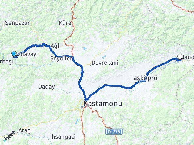 Kastamonu Azdavay Hanönü Arası Kaç Km - Yol Haritası