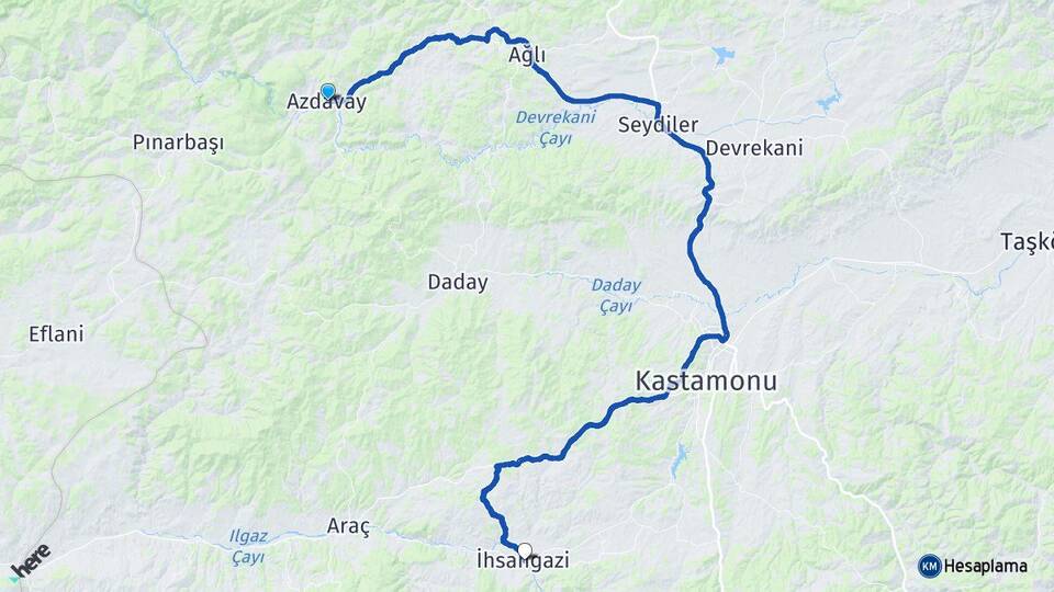 Kastamonu Azdavay İhsangazi Arası Kaç Km - Yol Haritası