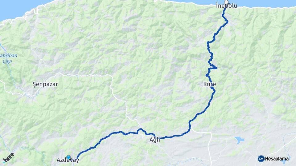 Kastamonu Azdavay İnebolu Arası Kaç Km - Yol Haritası