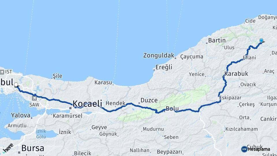 Kastamonu Azdavay İstanbul Arası Kaç Km - Yol Haritası