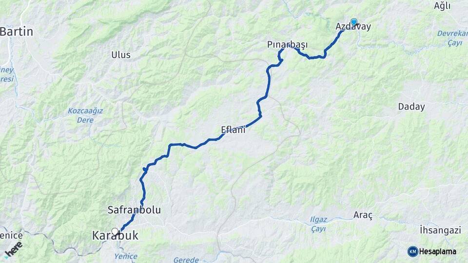 Kastamonu Azdavay Karabük Arası Kaç Km - Yol Haritası