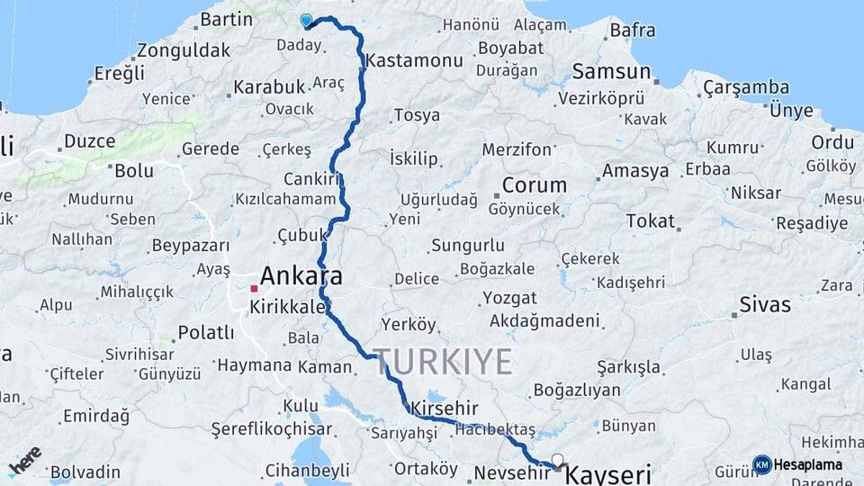 Kastamonu Azdavay Kayseri Arası Kaç Km - Yol Haritası