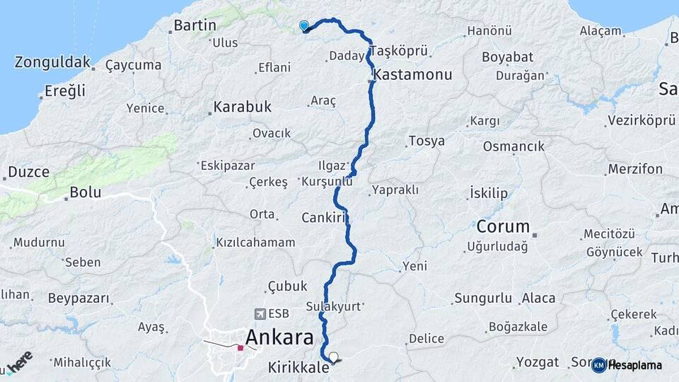 Kastamonu Azdavay Kırıkkale Arası Kaç Km - Yol Haritası