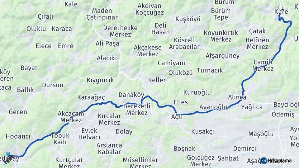 Kastamonu Azdavay Küre Arası Kaç Km - Yol Haritası