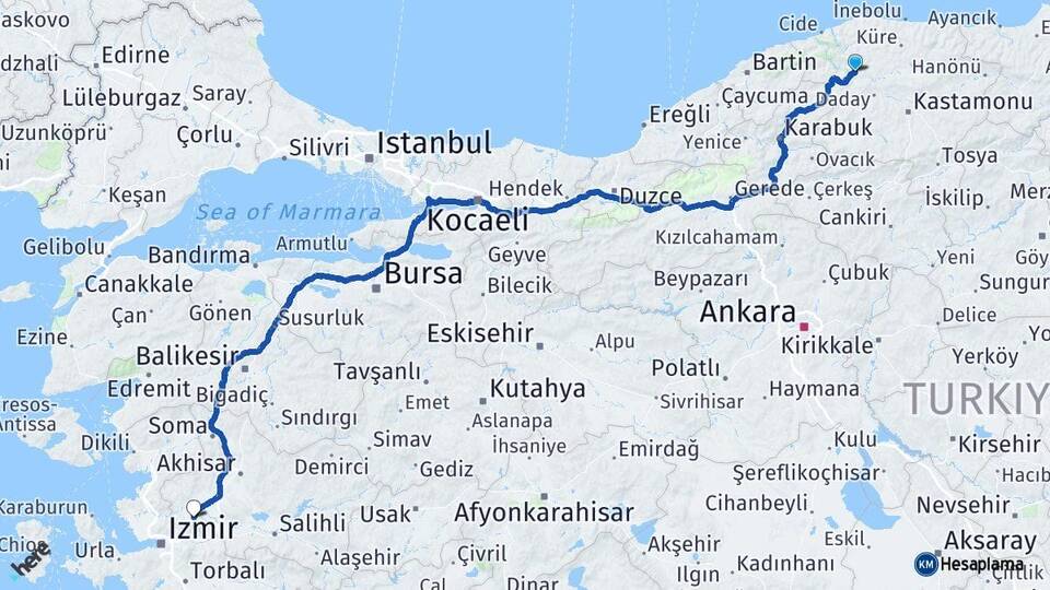 Kastamonu Azdavay Manisa Arası Kaç Km - Yol Haritası