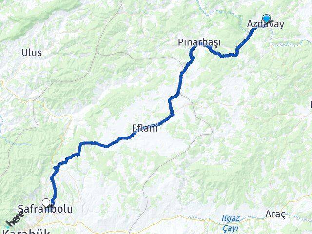 Kastamonu Azdavay Safranbolu Karabük Arası Kaç Km - Yol Haritası