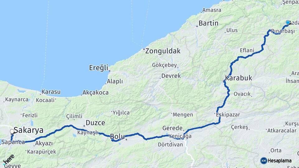 Kastamonu Azdavay Sakarya Arası Kaç Km - Yol Haritası