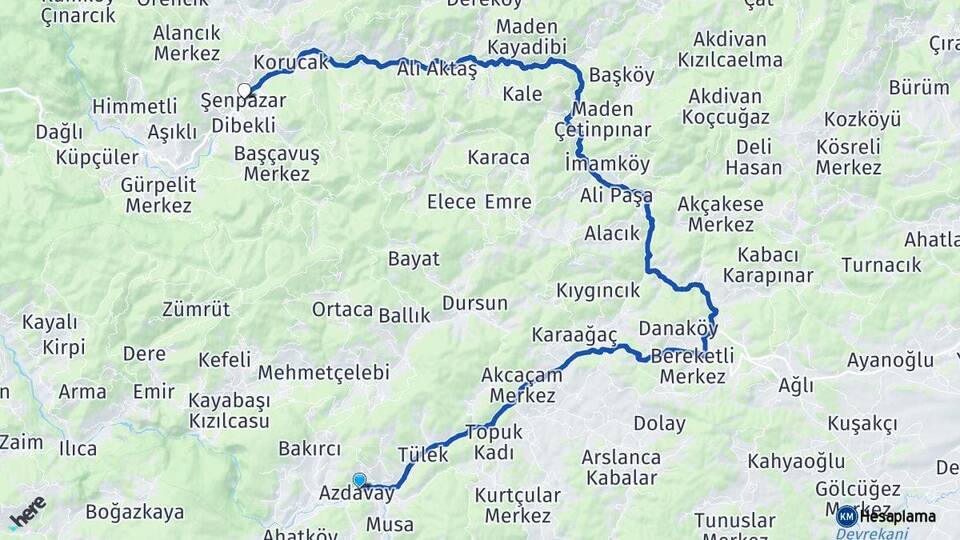 Kastamonu Azdavay Şenpazar Arası Kaç Km - Yol Haritası