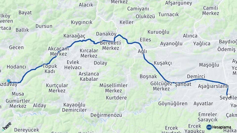 Kastamonu Azdavay Seydiler Arası Kaç Km - Yol Haritası