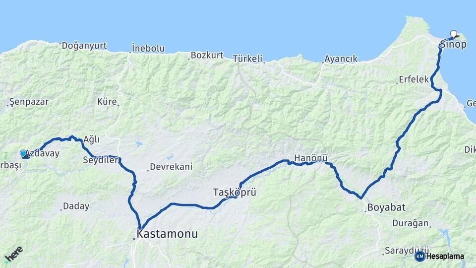 Kastamonu Azdavay Sinop Arası Kaç Km - Yol Haritası