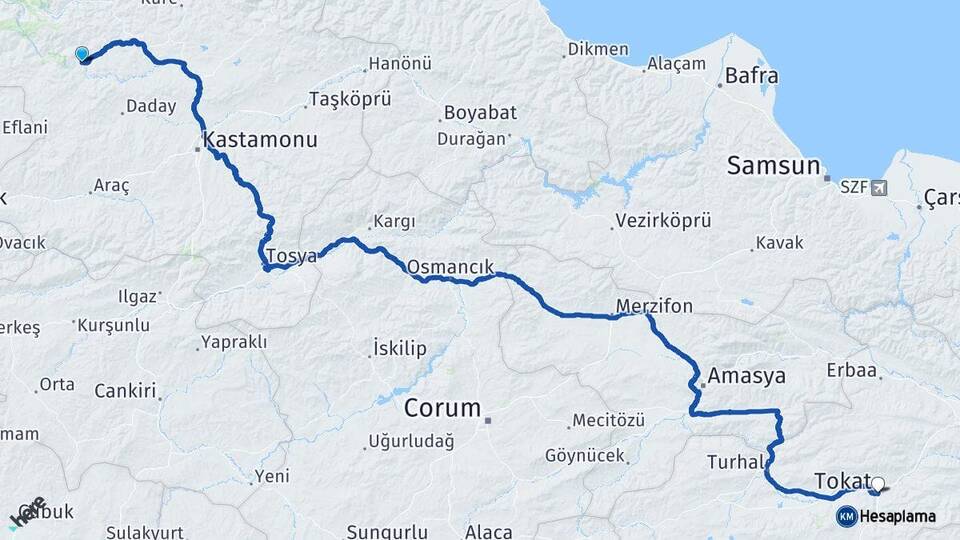 Kastamonu Azdavay Tokat Arası Kaç Km - Yol Haritası
