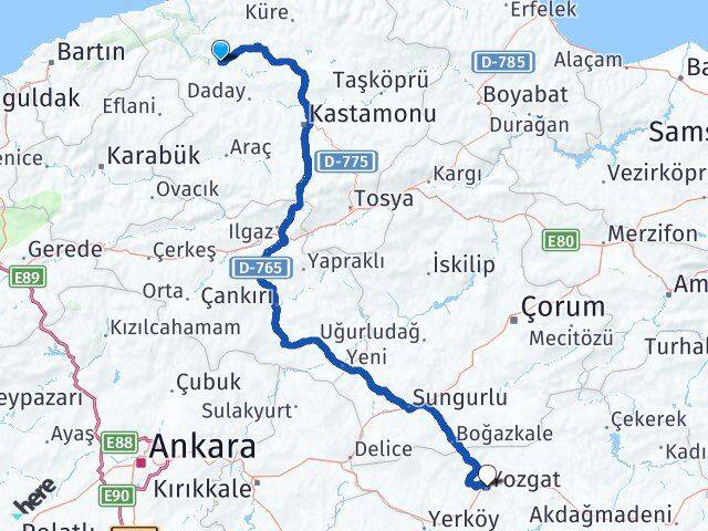 Kastamonu Azdavay Yozgat Arası Kaç Km - Yol Haritası