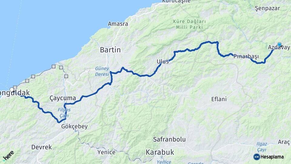 Kastamonu Azdavay Zonguldak Arası Kaç Km - Yol Haritası