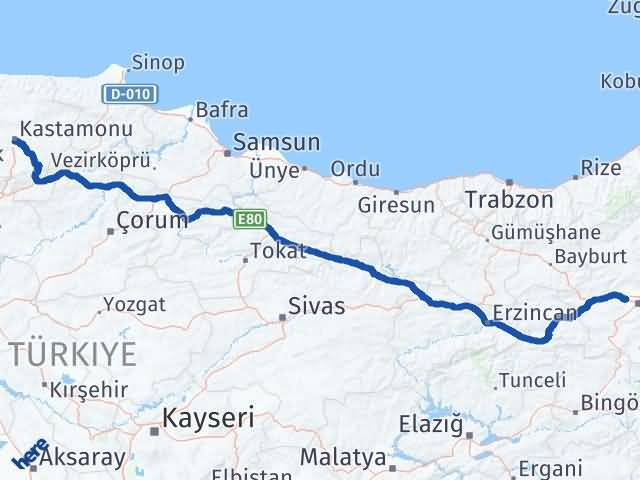 Kastamonu Aziziye Erzurum Arası Kaç Km - Yol Haritası