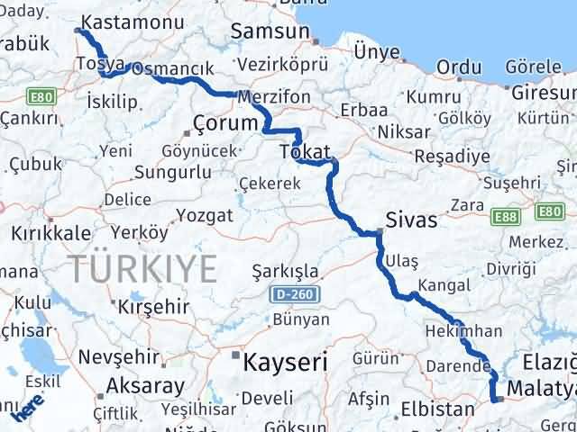 Kastamonu Battalgazi Malatya Arası Kaç Km - Yol Haritası