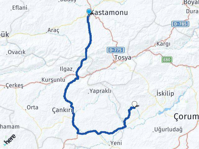Kastamonu Bayat Çorum Arası Kaç Km - Yol Haritası