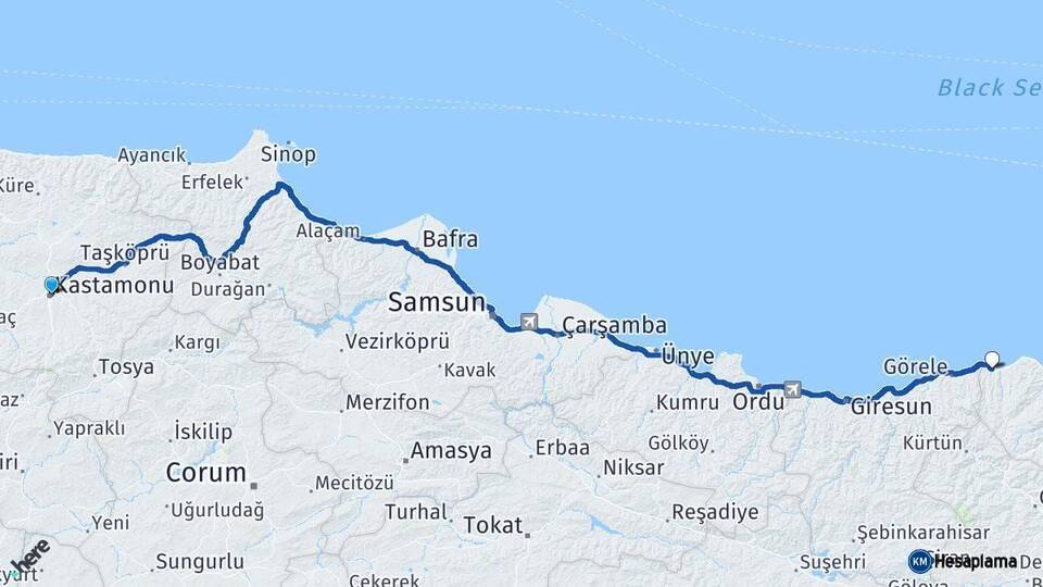 Kastamonu Beşikdüzü Trabzon Arası Kaç Km - Yol Haritası