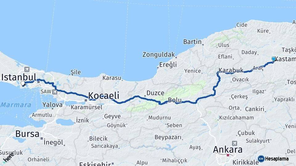 Kastamonu Beylikdüzü İstanbul Arası Kaç Km - Yol Haritası