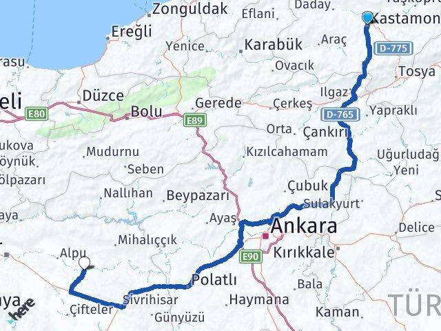 Kastamonu Beylikova Eskişehir Arası Kaç Km - Yol Haritası