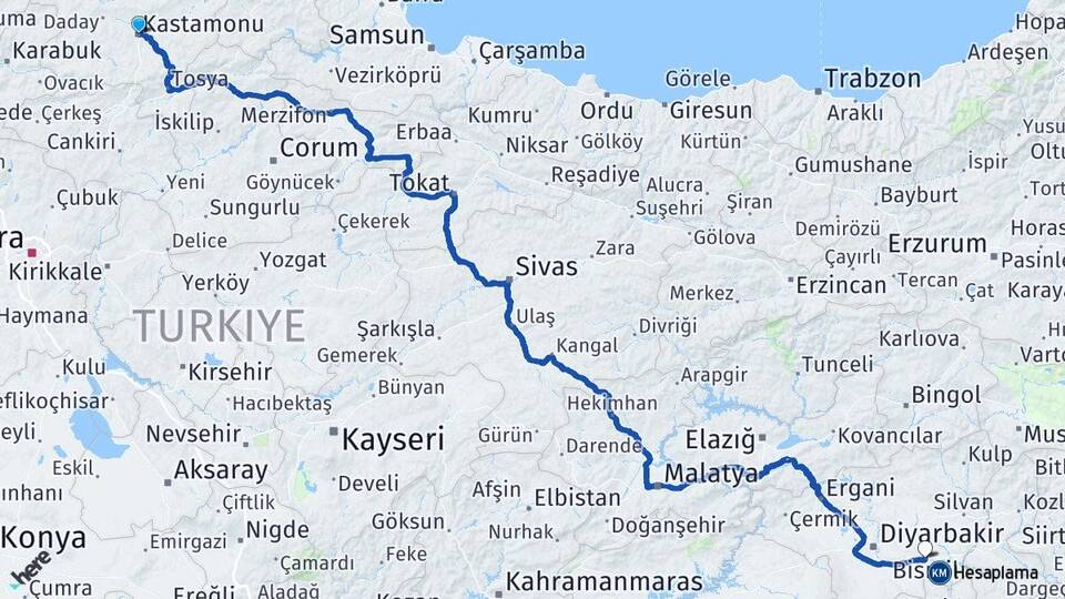 Kastamonu Bismil Diyarbakır Arası Kaç Km - Yol Haritası