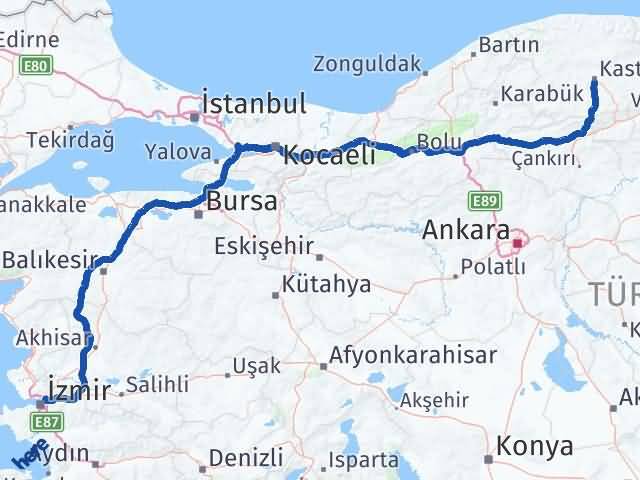 Kastamonu Bornova İzmir Arası Kaç Km - Yol Haritası