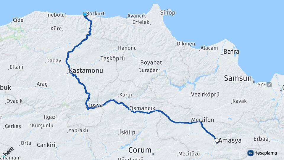 Kastamonu Bozkurt Amasya Arası Kaç Km - Yol Haritası