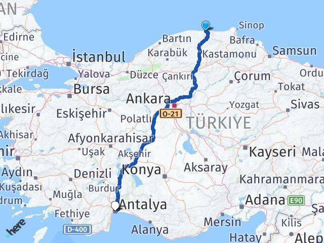 Kastamonu Bozkurt Antalya Arası Kaç Km - Yol Haritası