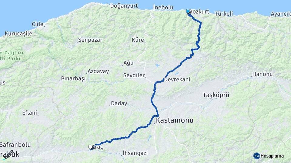 Kastamonu Bozkurt Araç Arası Kaç Km - Yol Haritası