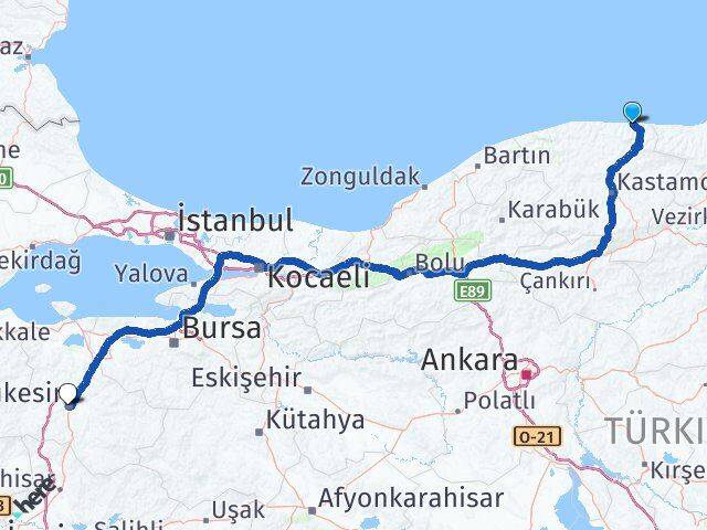 Kastamonu Bozkurt Balıkesir Arası Kaç Km - Yol Haritası