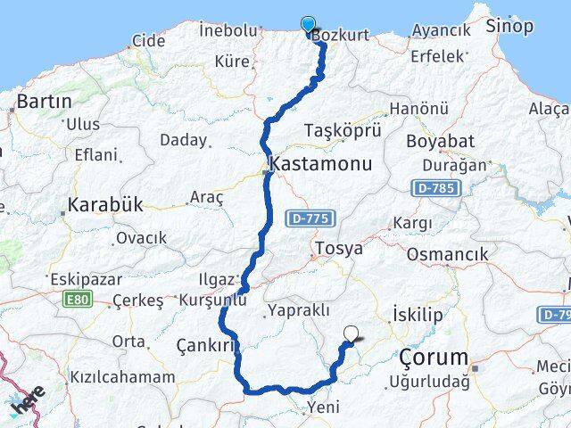 Kastamonu Bozkurt Bayat Çorum Arası Kaç Km - Yol Haritası