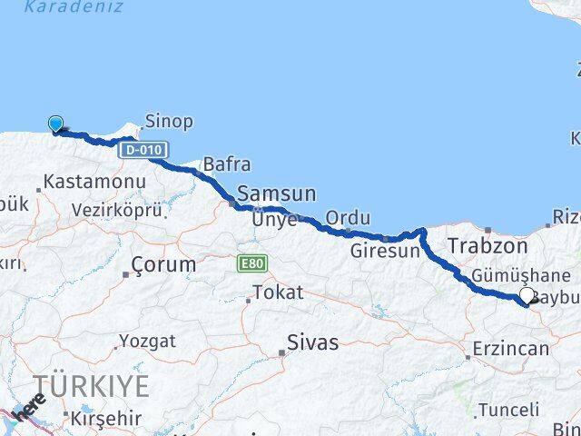 Kastamonu Bozkurt Bayburt Arası Kaç Km - Yol Haritası