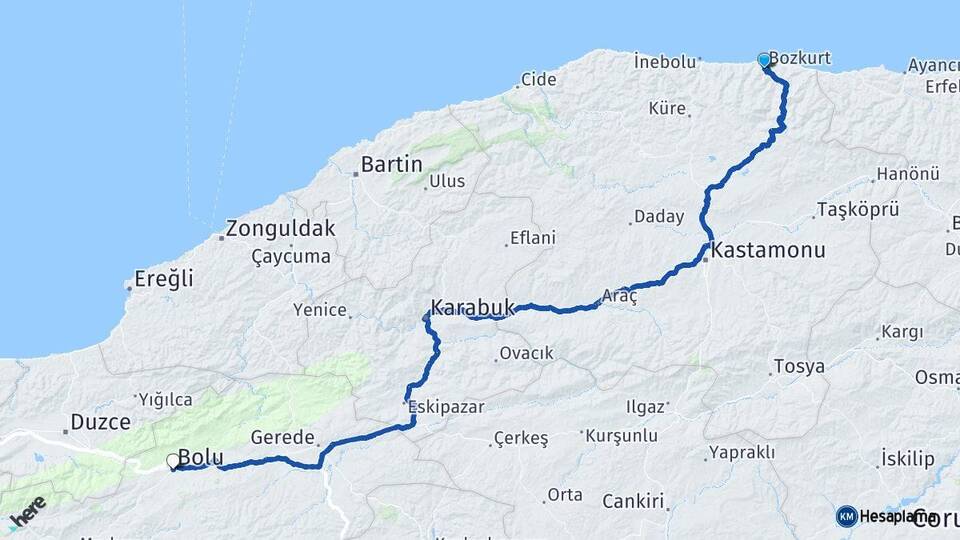 Kastamonu Bozkurt Bolu Arası Kaç Km - Yol Haritası