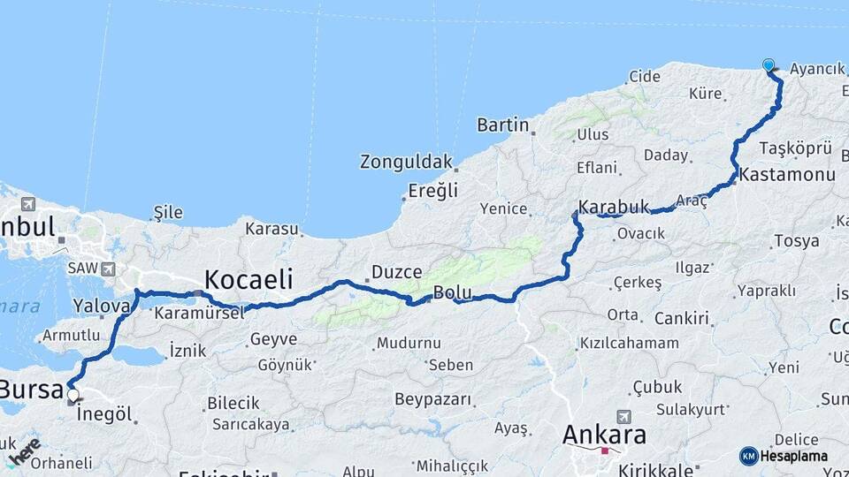 Kastamonu Bozkurt Bursa Arası Kaç Km - Yol Haritası