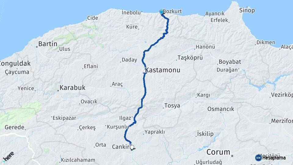 Kastamonu Bozkurt Çankırı Arası Kaç Km - Yol Haritası