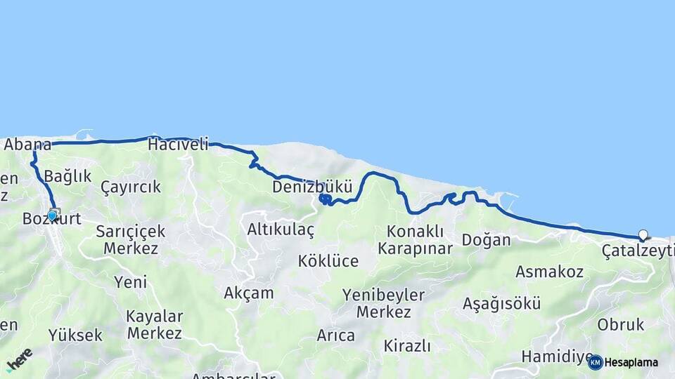 Kastamonu Bozkurt Çatalzeytin Arası Kaç Km - Yol Haritası