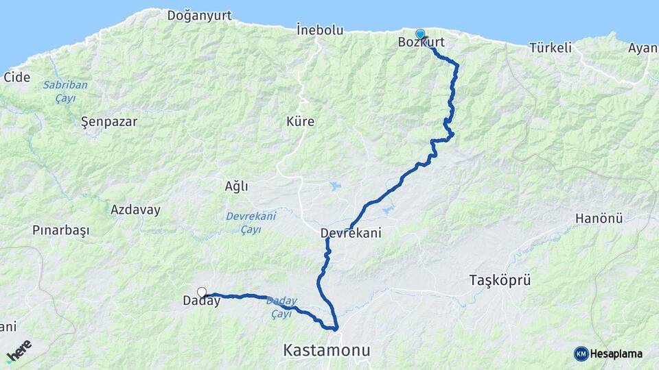 Kastamonu Bozkurt Daday Arası Kaç Km - Yol Haritası
