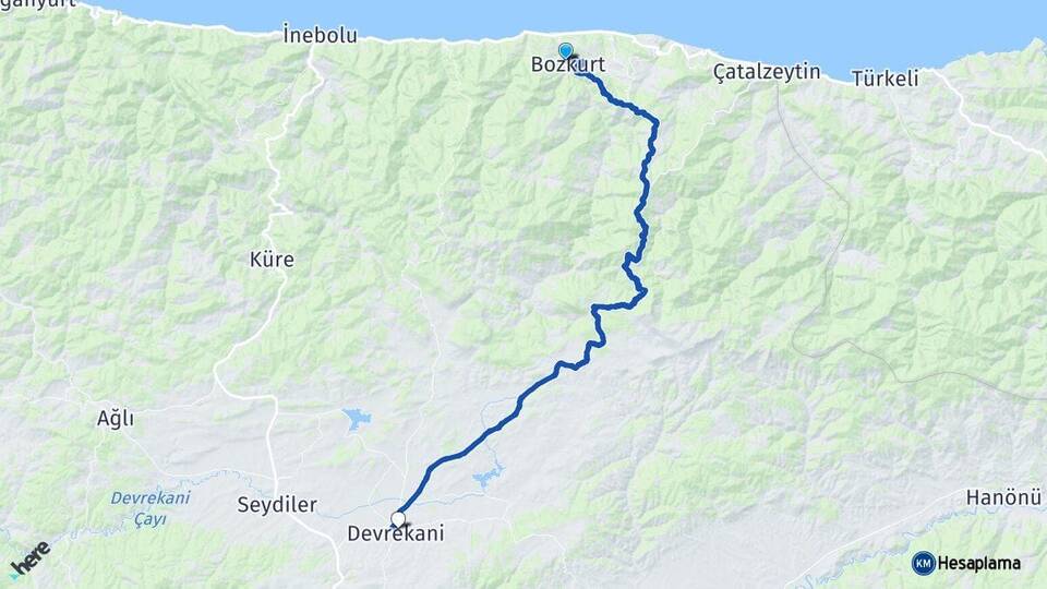 Kastamonu Bozkurt Devrekani Arası Kaç Km - Yol Haritası