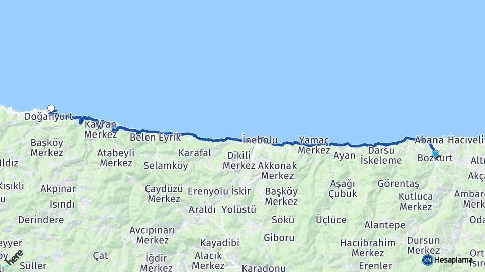Kastamonu Bozkurt Doğanyurt Arası Kaç Km - Yol Haritası