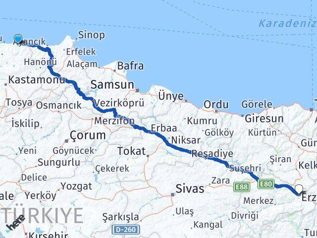 Kastamonu Bozkurt Erzincan Arası Kaç Km - Yol Haritası
